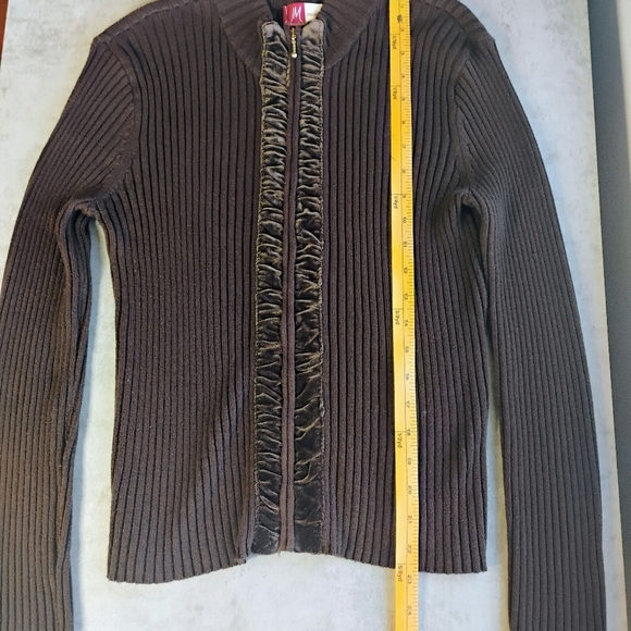 JM Collection Brown Ribbed Knit Velvet Zip Up Cardigan Sweater Size Medium - Picture 8 of 10